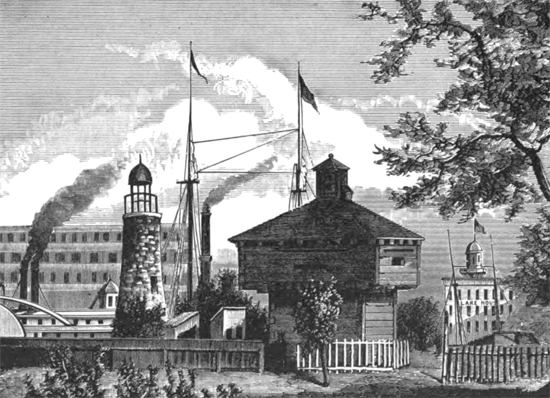 Rendering of Fort Dearborn with the Chicago Lighthouse in 1832
